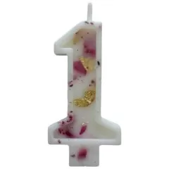 Свеча декоративная Цифра "1" Белая с розой и поталью 