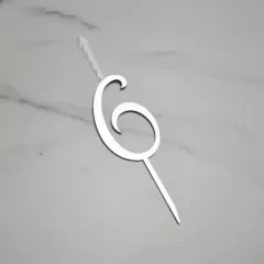 Свеча-топпер декоративная акриловая Цифра "6" Серебро 