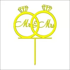 Топпер декоративный акриловый "Свадебные кольца "Mr&Mrs" на палочке" Золотой 10х8 см ТСК34